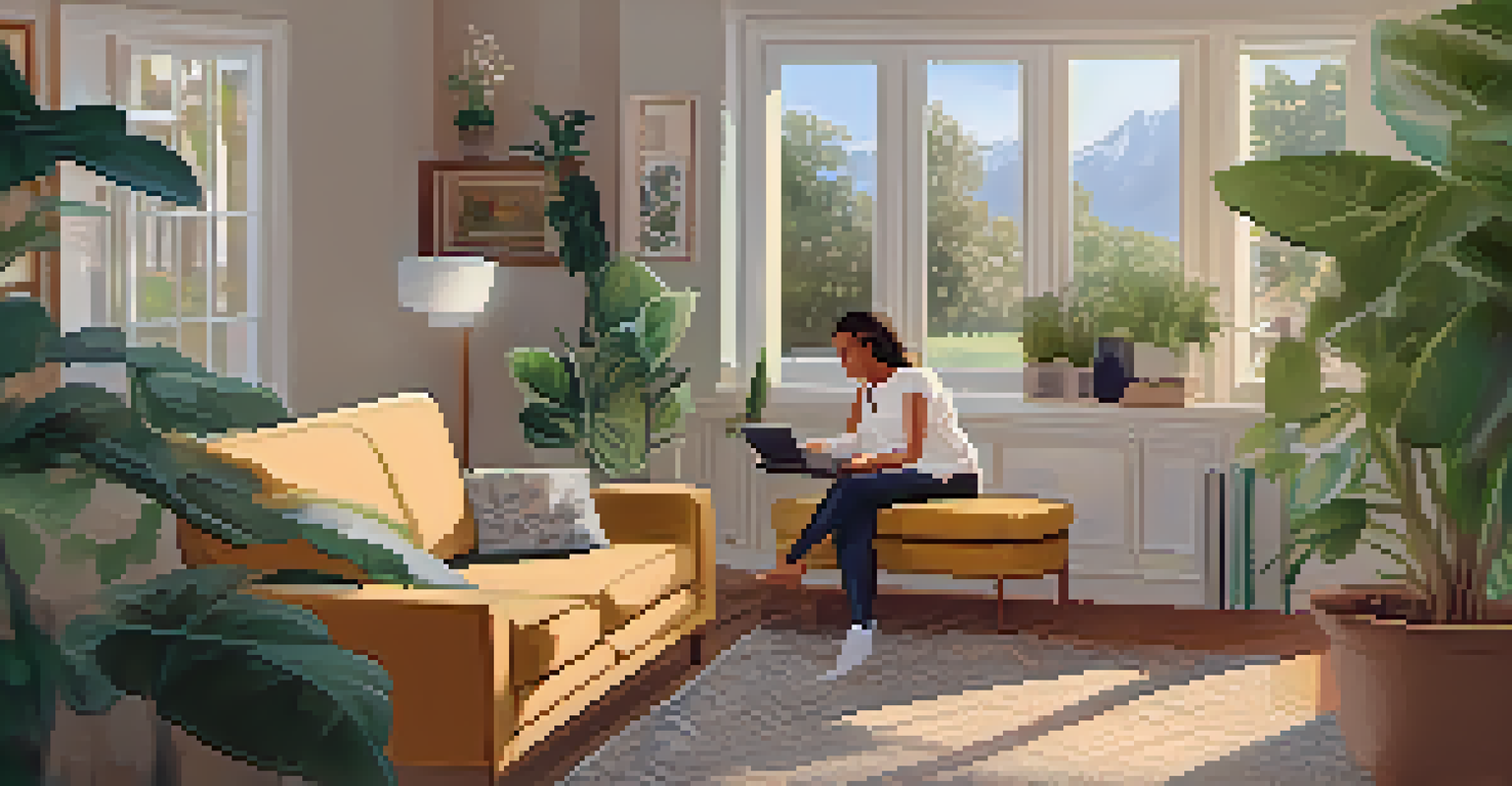 A virtual therapy session showing a therapist and client conversing over a computer in calming environments.