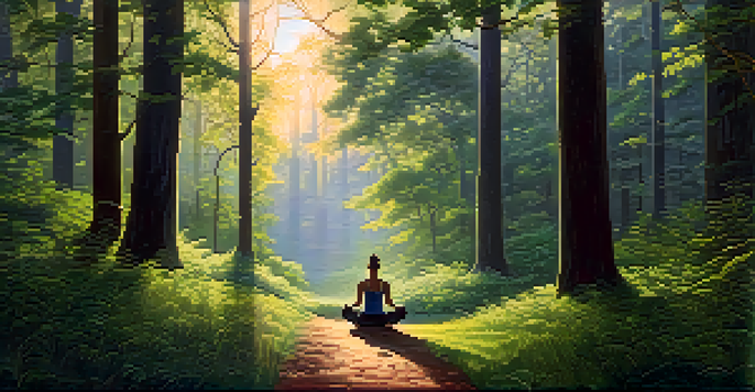 A person practicing yoga in a peaceful forest at sunrise, surrounded by tall trees and soft golden light.