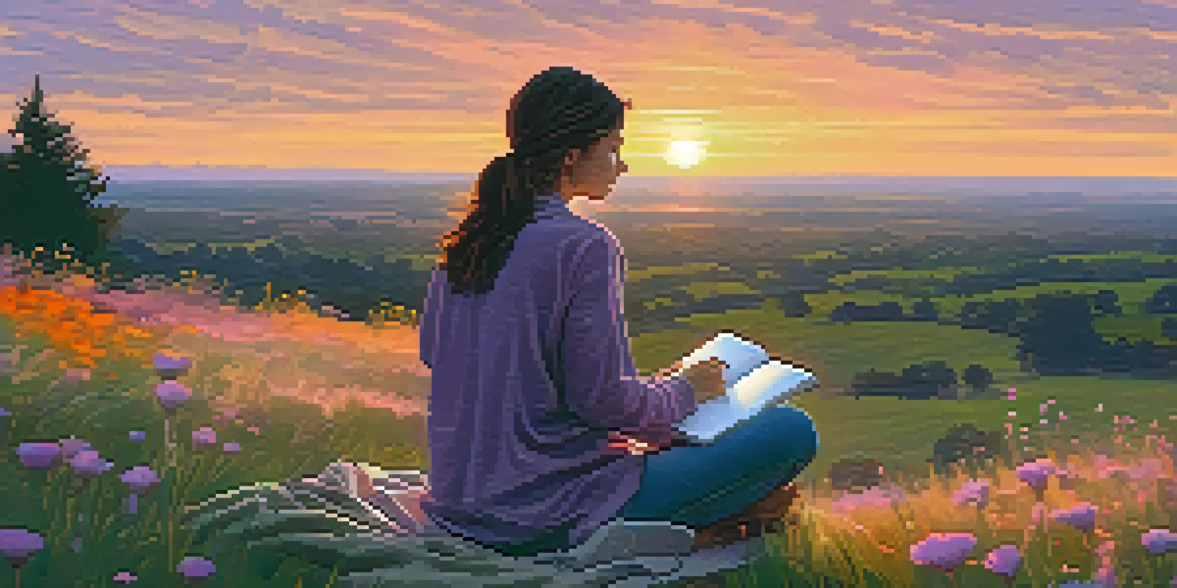 A person journaling on a grassy hill at sunset, surrounded by wildflowers.