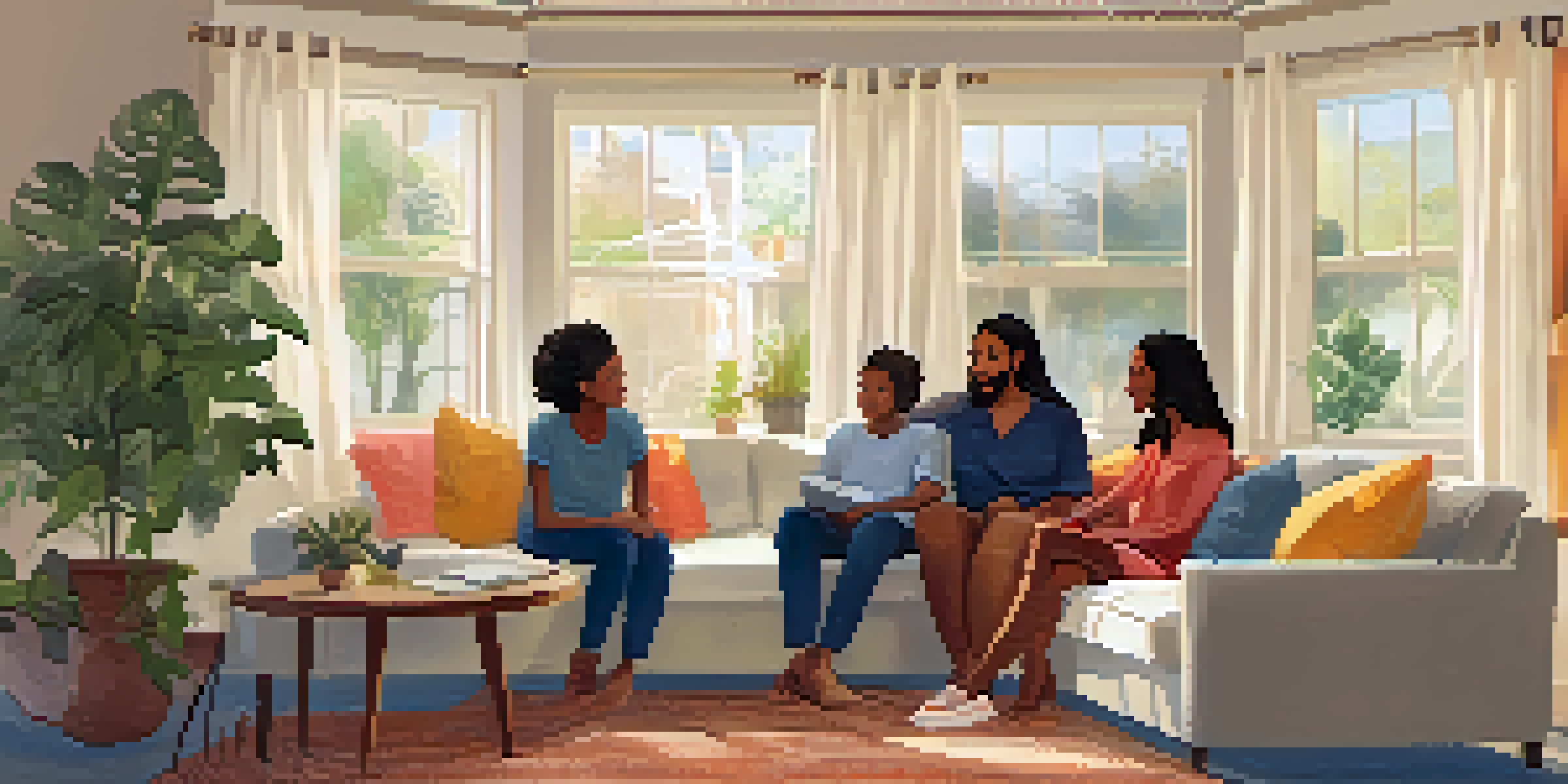 A diverse family sitting in a circle in a cozy living room during a therapy session, with warm lighting and a supportive atmosphere.