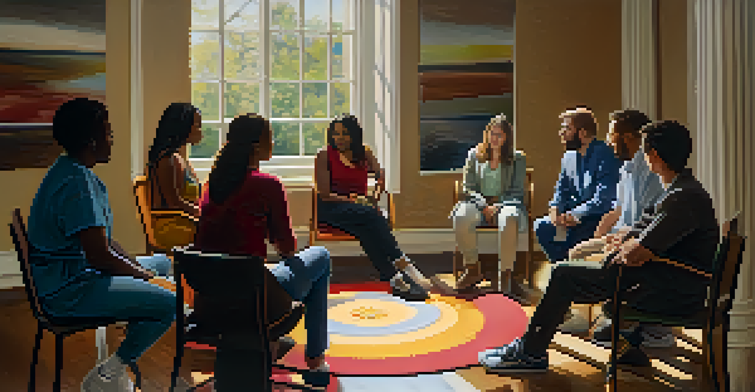 A group therapy session with diverse individuals sitting in a circle, discussing and supporting each other under natural light from large windows.