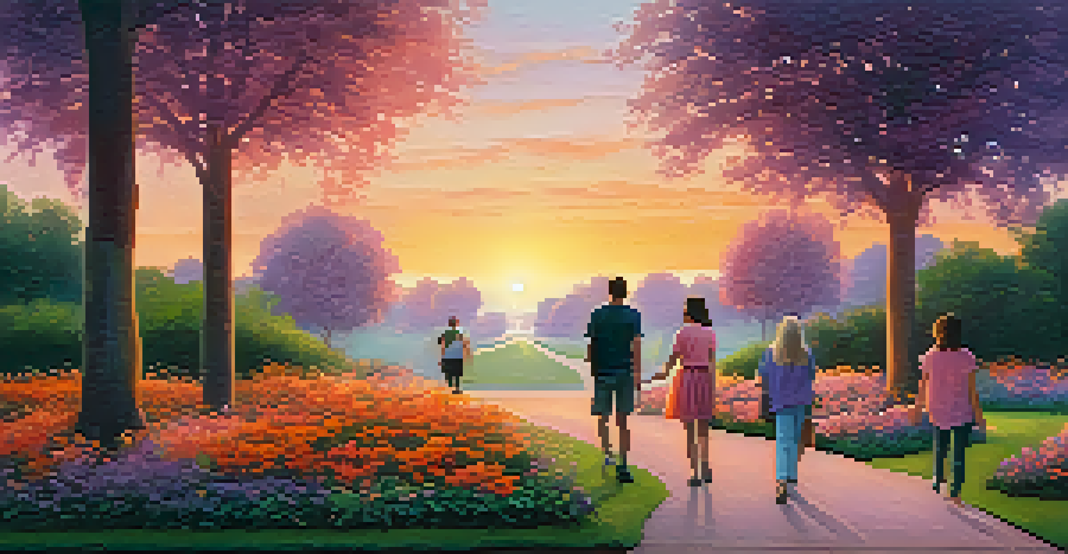 A sunset view of a park with diverse individuals enjoying a walk together, creating a sense of community and connection.