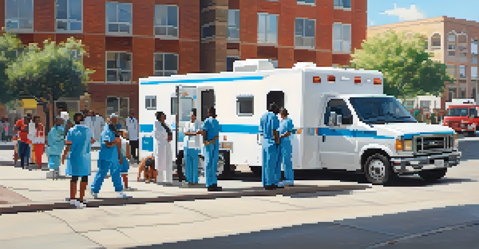 A mobile clinic in an urban setting with healthcare workers assisting diverse individuals seeking support under a sunny sky.