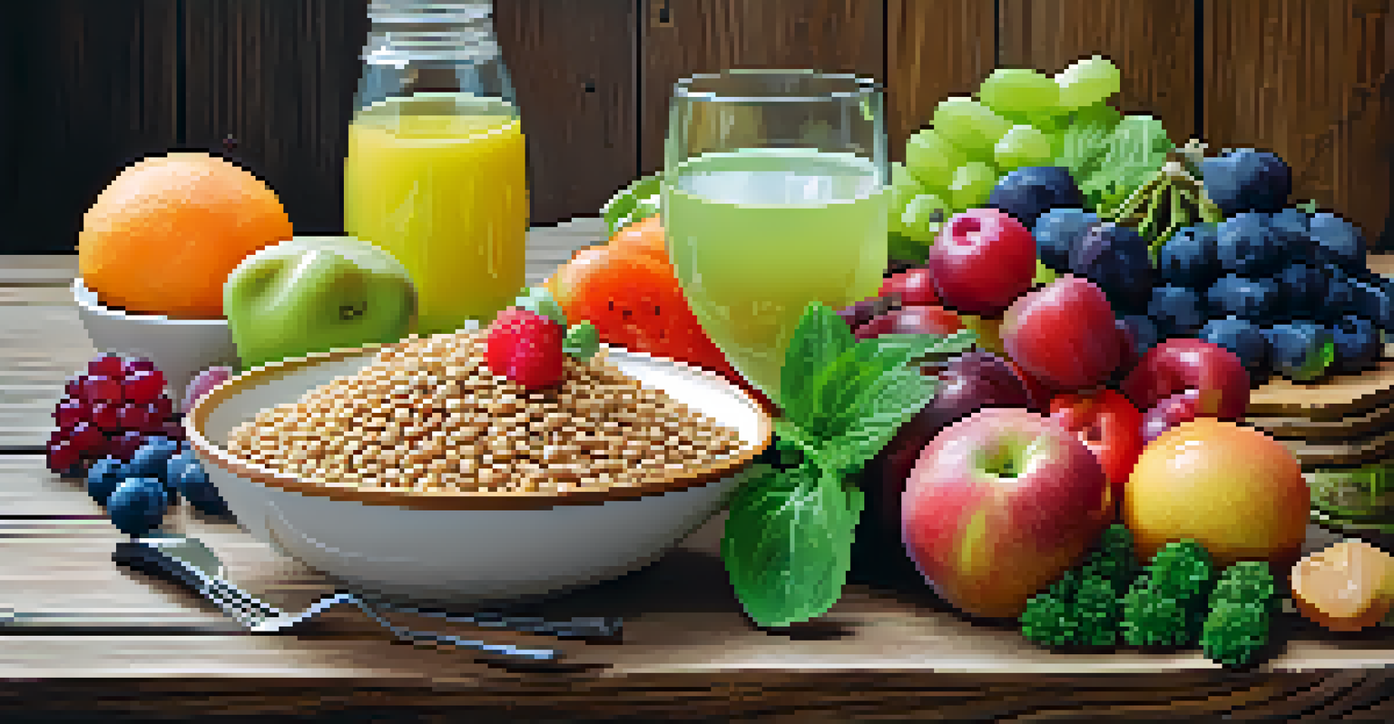 A colorful and healthy meal displayed on a wooden table, featuring fruits, vegetables, and grains, with natural light enhancing the colors.