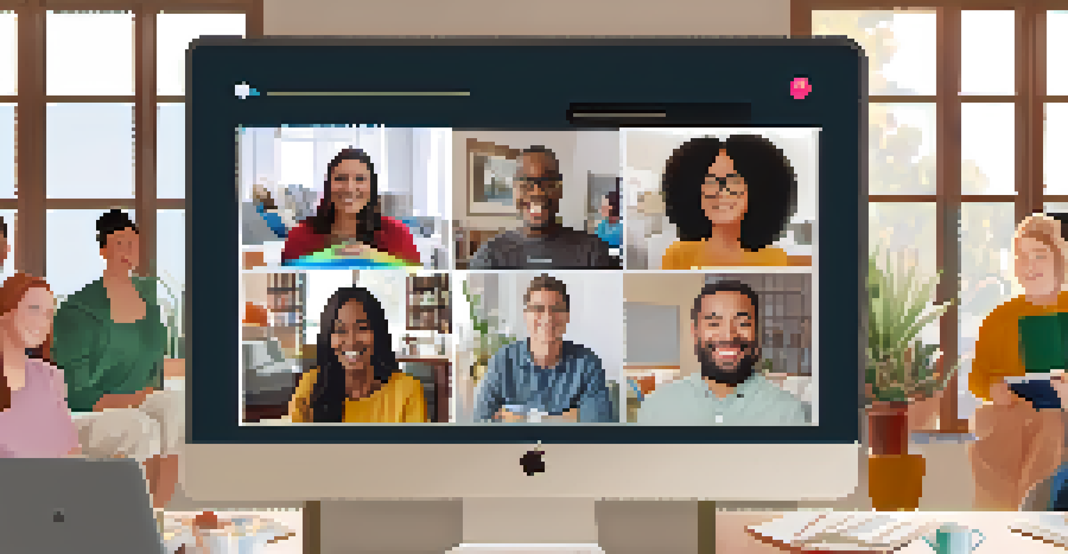 A computer screen showing a virtual support group with diverse participants smiling and engaging.
