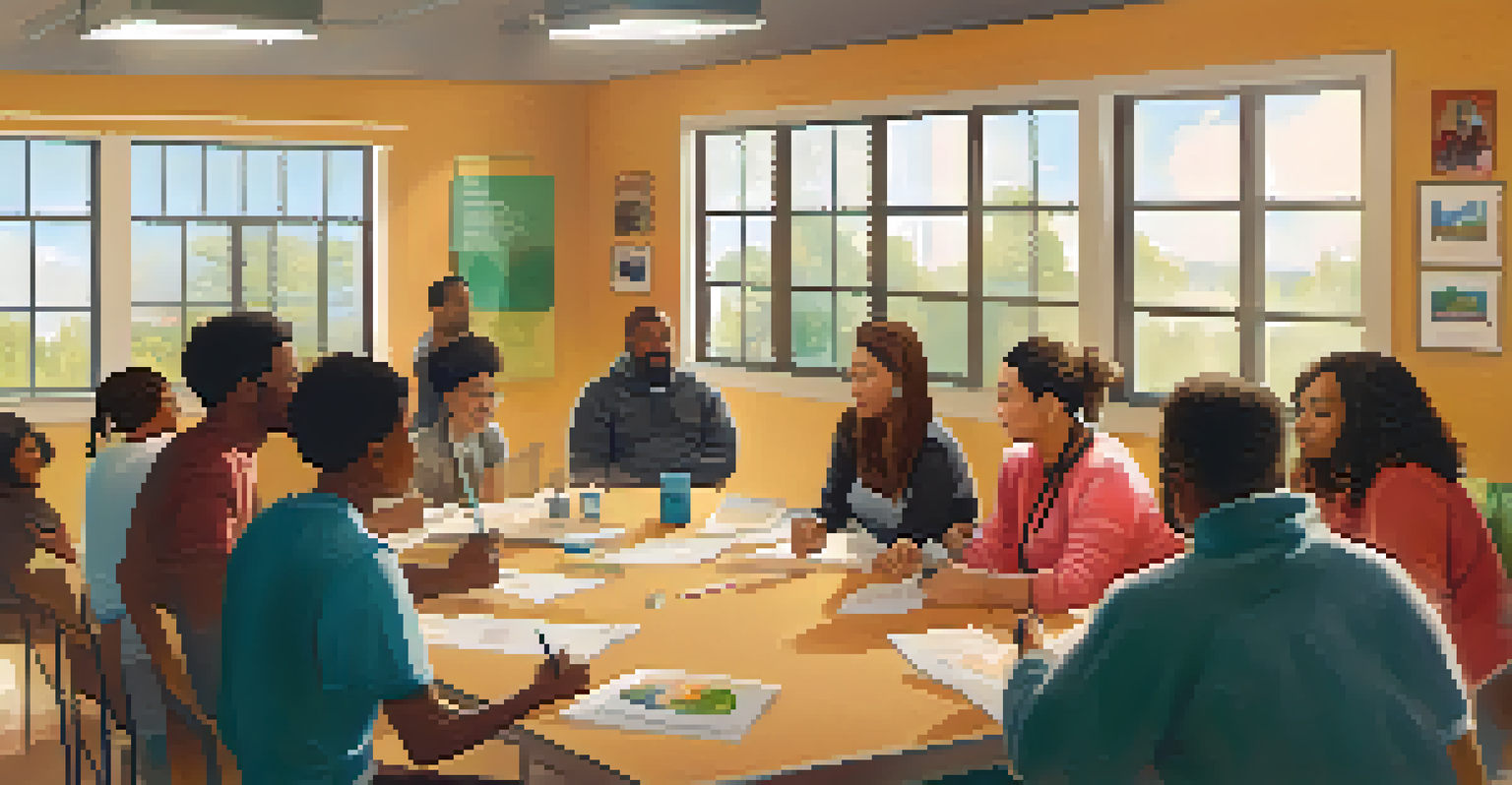 A colorful community center workshop with diverse individuals discussing addiction in a warm and friendly setting.