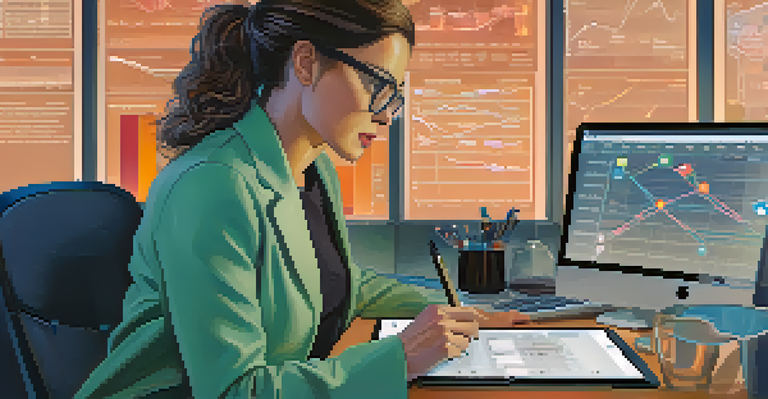 A researcher analyzing addiction data on a tablet, surrounded by charts in a modern office, highlighting a focused and professional atmosphere.