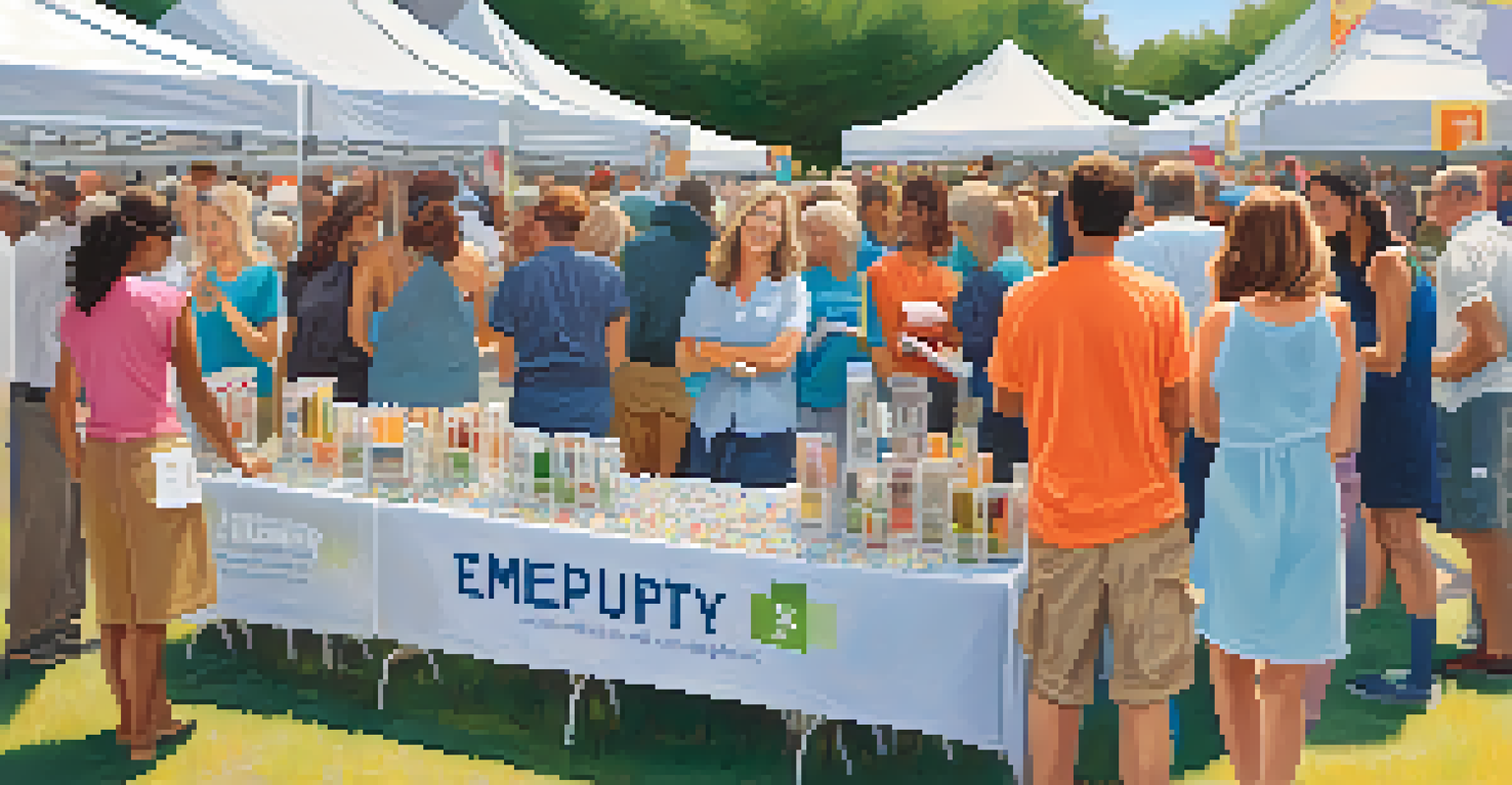A community event focused on addiction awareness with healthcare providers and attendees engaging around informative booths and banners promoting empathy.
