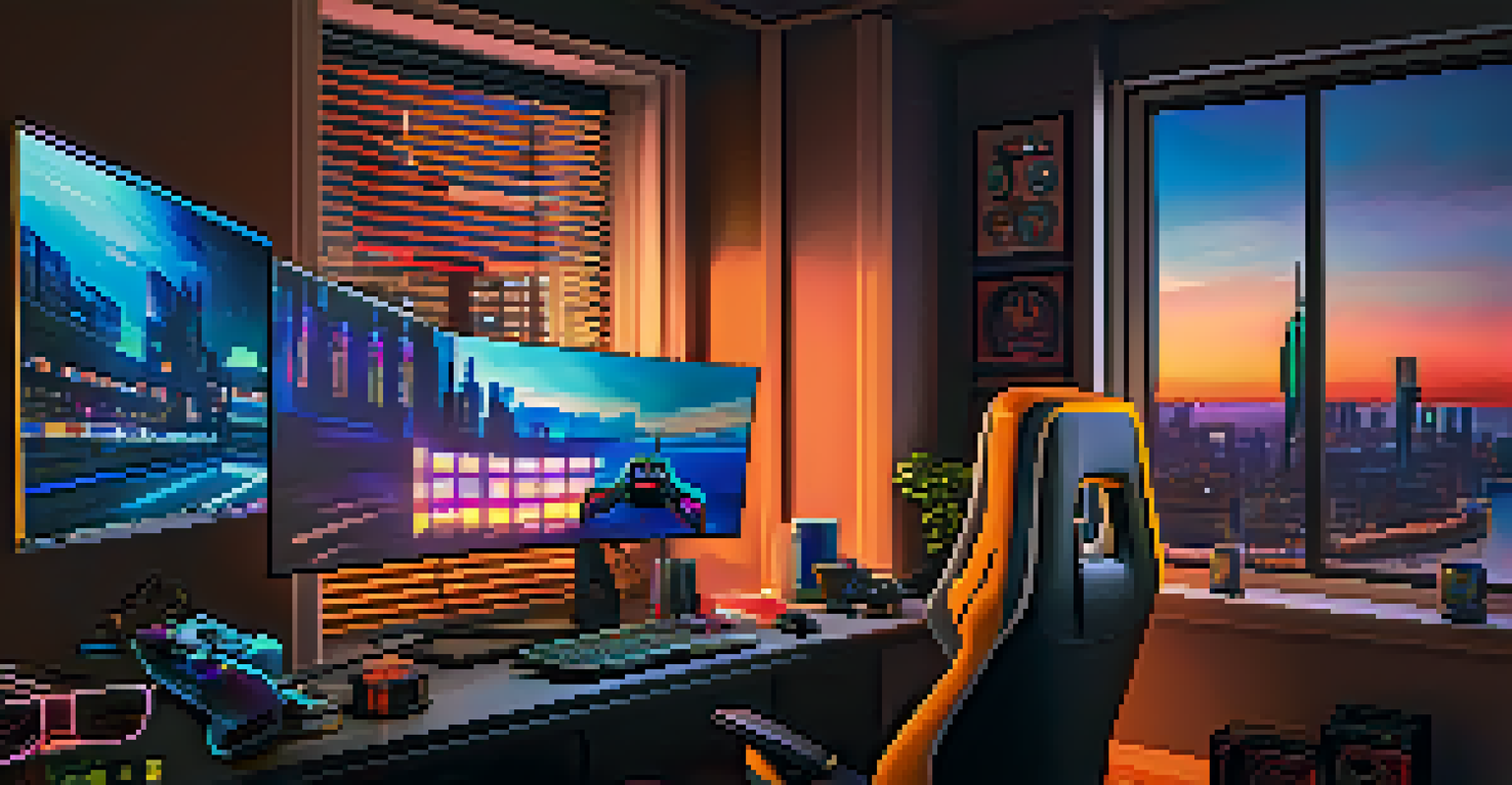 A modern gaming setup with a computer desk, monitor, and colorful lighting, overlooking a city at sunset.