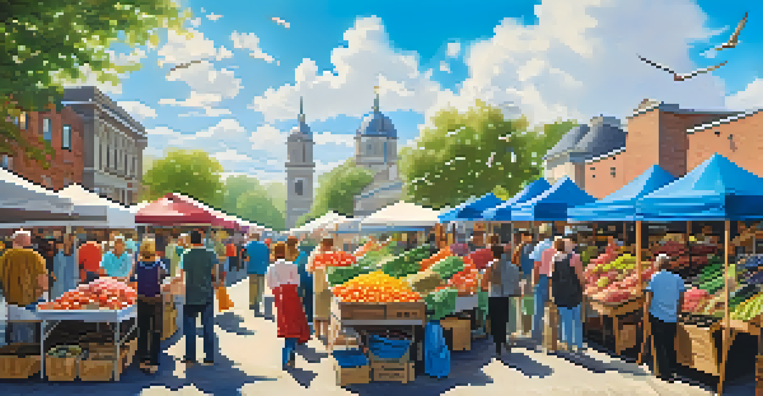A busy outdoor market with colorful stalls, fresh produce, shoppers talking, and a bright blue sky.