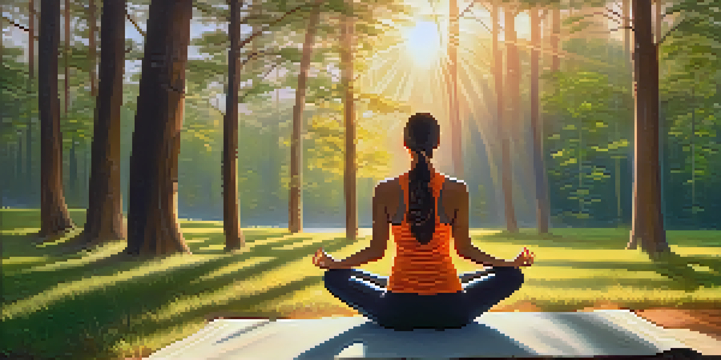 A person practicing yoga in a peaceful forest during sunrise, surrounded by trees and soft light.