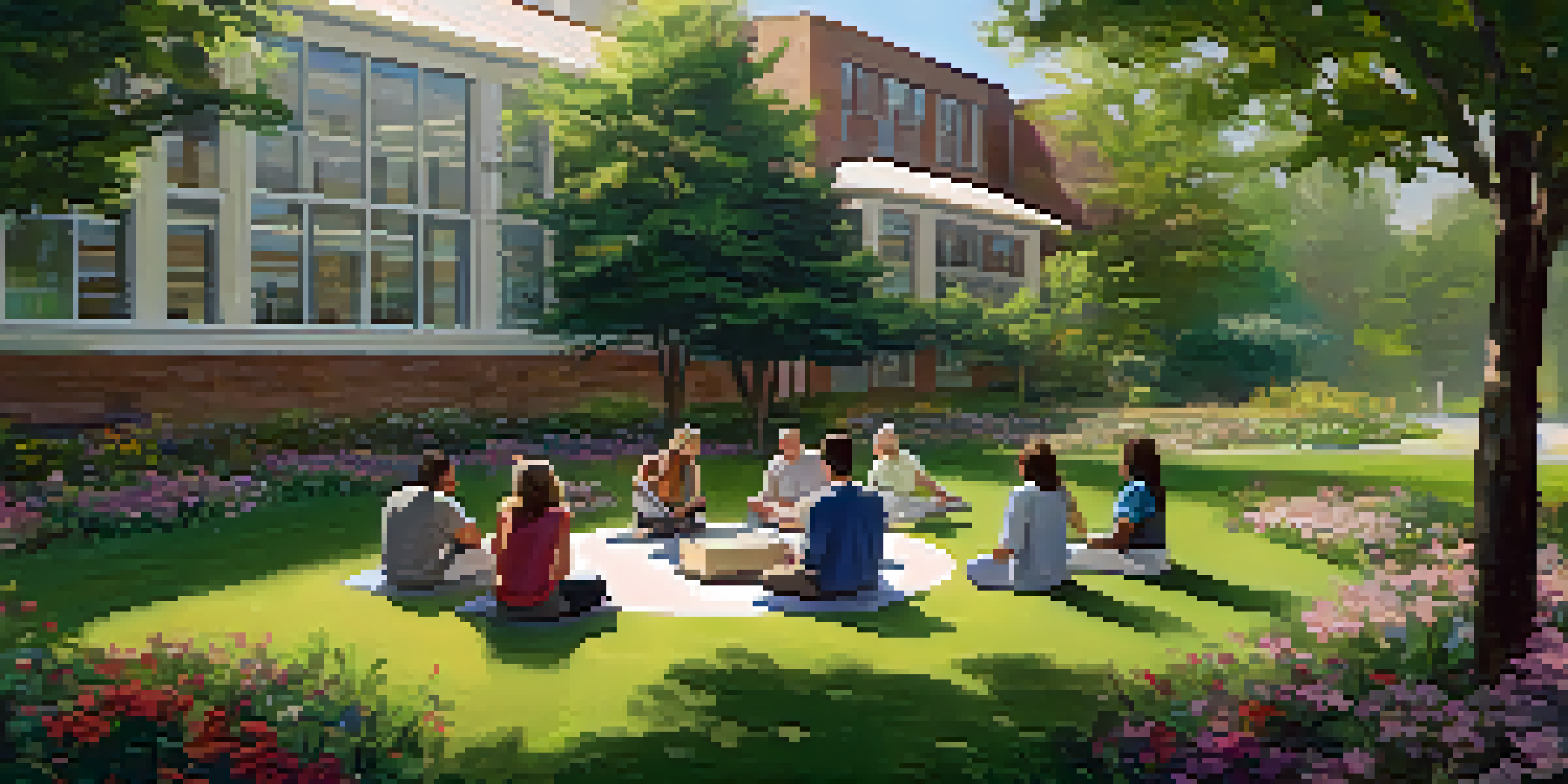 A group of diverse individuals participating in an outdoor therapy session at a rehab facility surrounded by greenery and flowers.