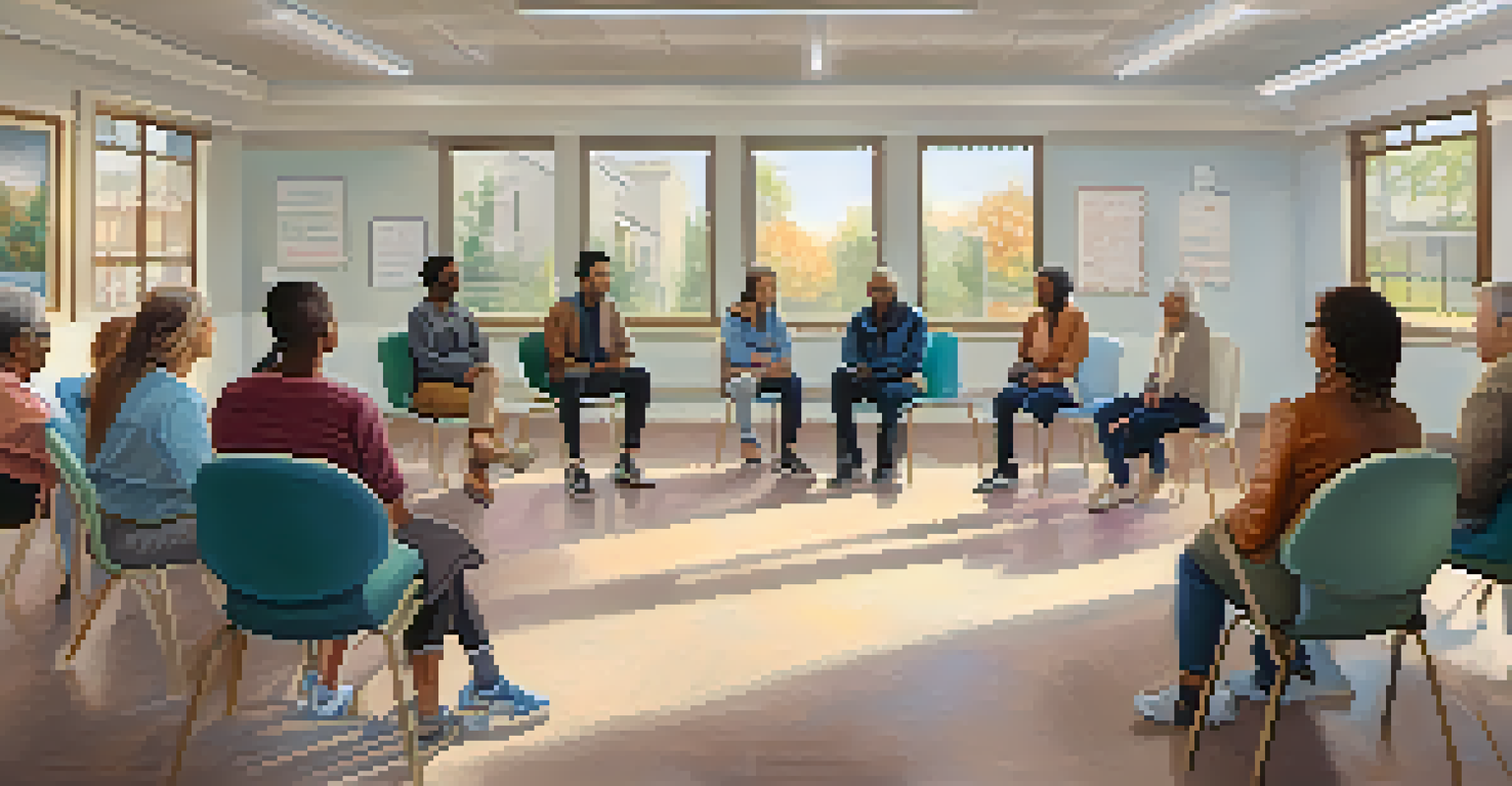 A support group meeting in a community center, with diverse participants engaged in discussion in a circle of chairs.
