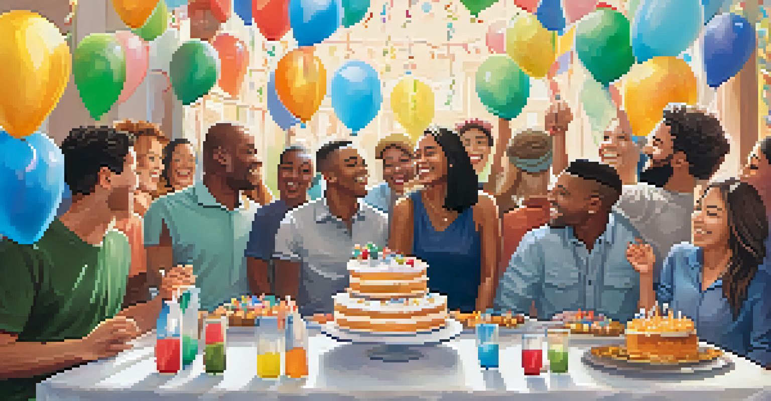A group of friends celebrating a recovery milestone with balloons and a cake, creating a joyful atmosphere.