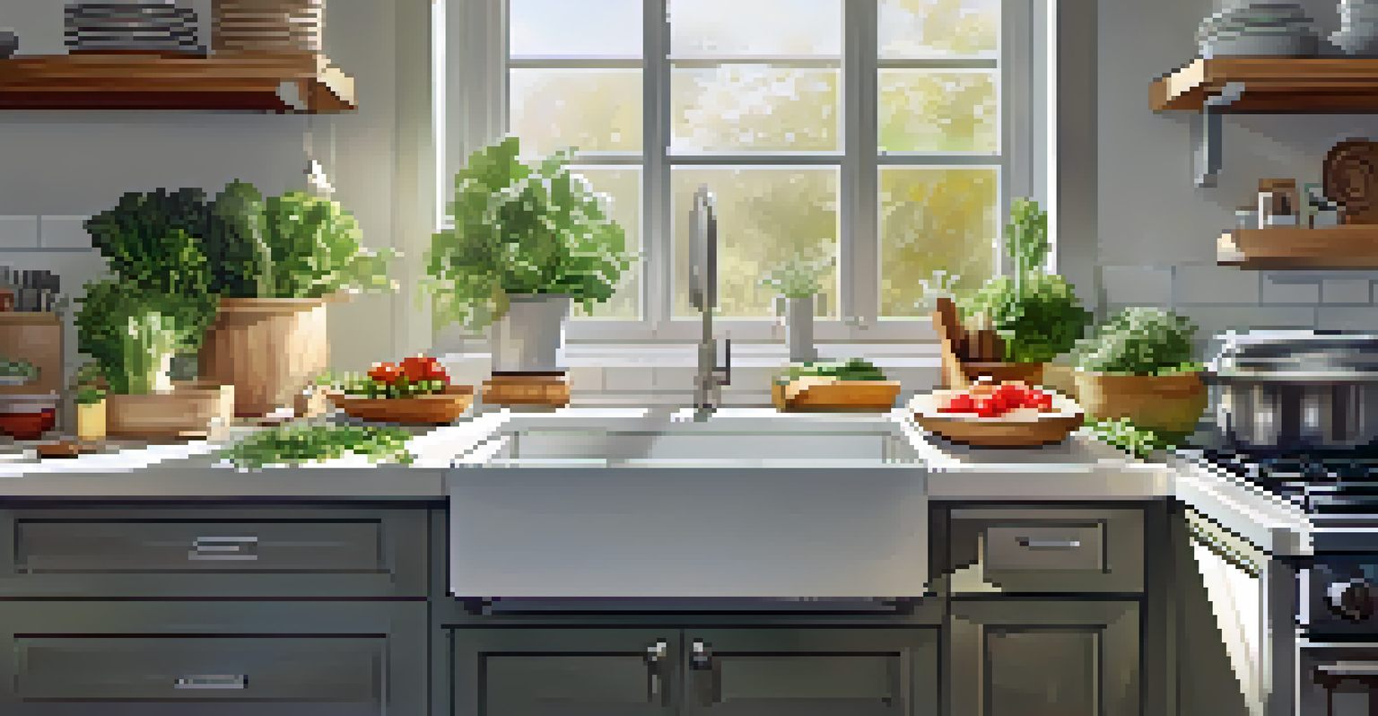A well-organized kitchen with healthy meal containers and fresh ingredients on the countertop, bathed in sunlight.