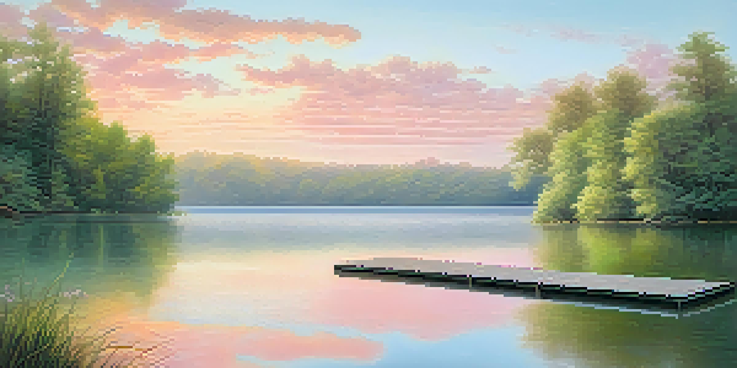 A calm lake at sunrise with pastel reflections and mist, surrounded by green trees and a wooden dock.