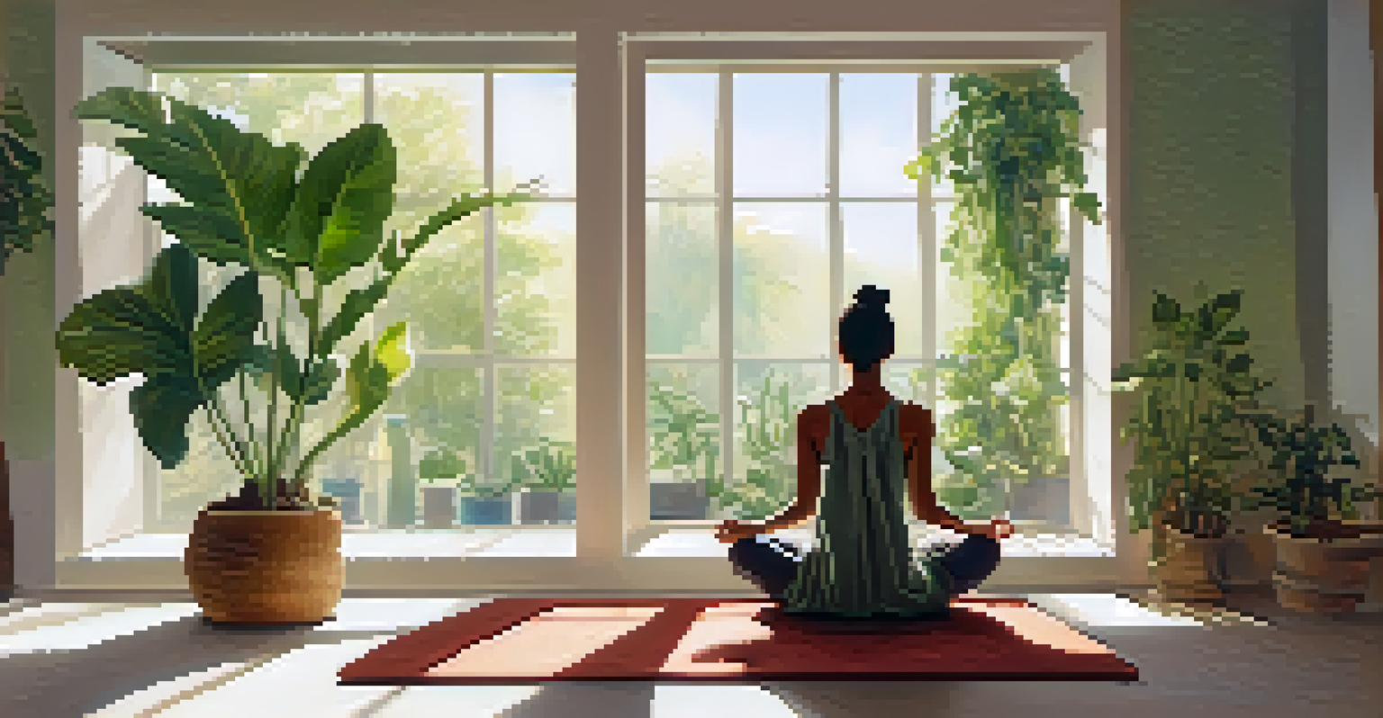 A person practicing mindfulness in a sunlit room surrounded by plants.