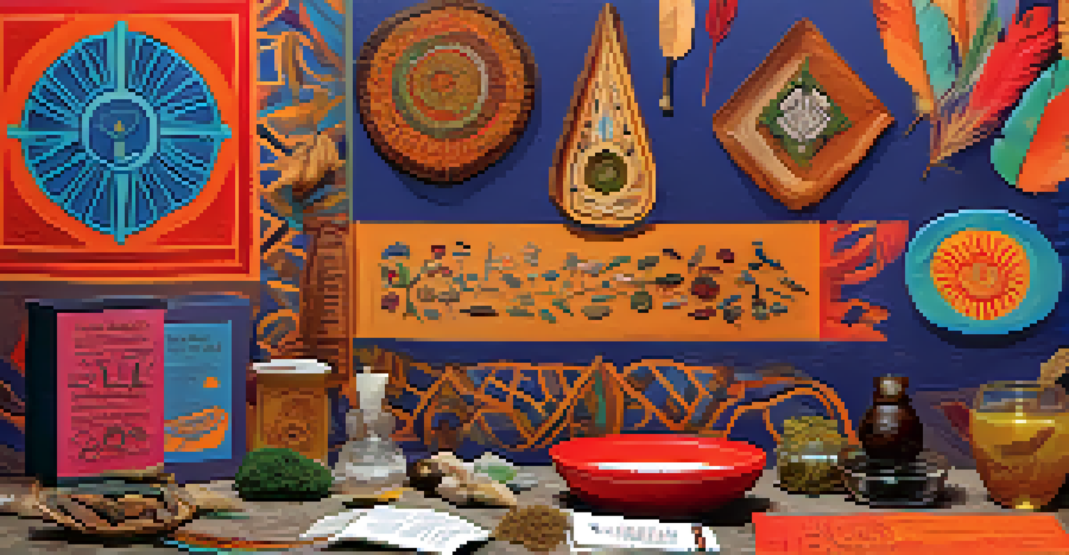 An artistic depiction of cultural symbols related to addiction recovery, including traditional healing items and modern technology.