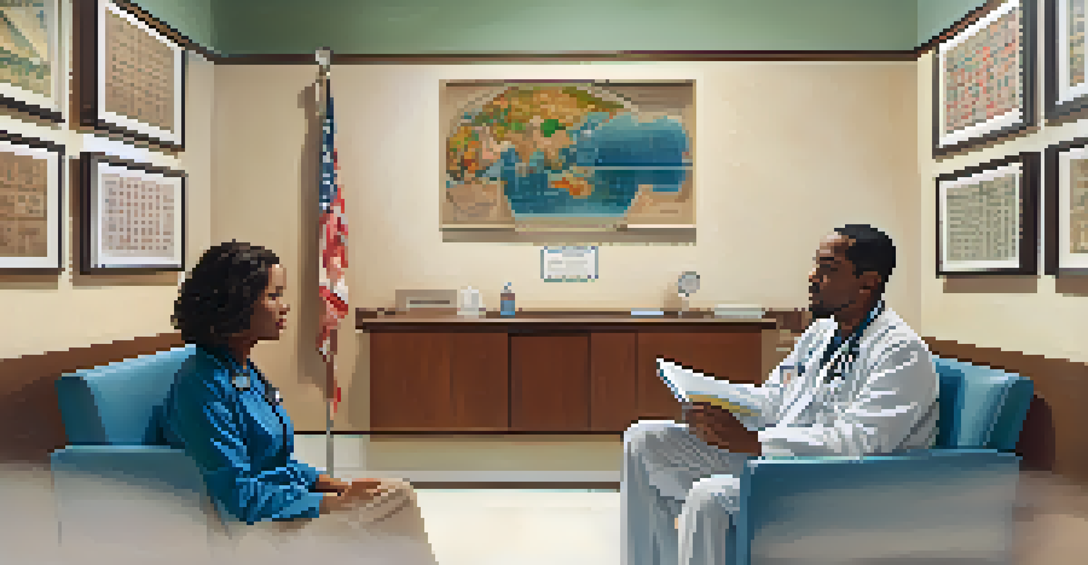 A healthcare provider and a culturally diverse patient in a consultation room, engaged in a conversation.