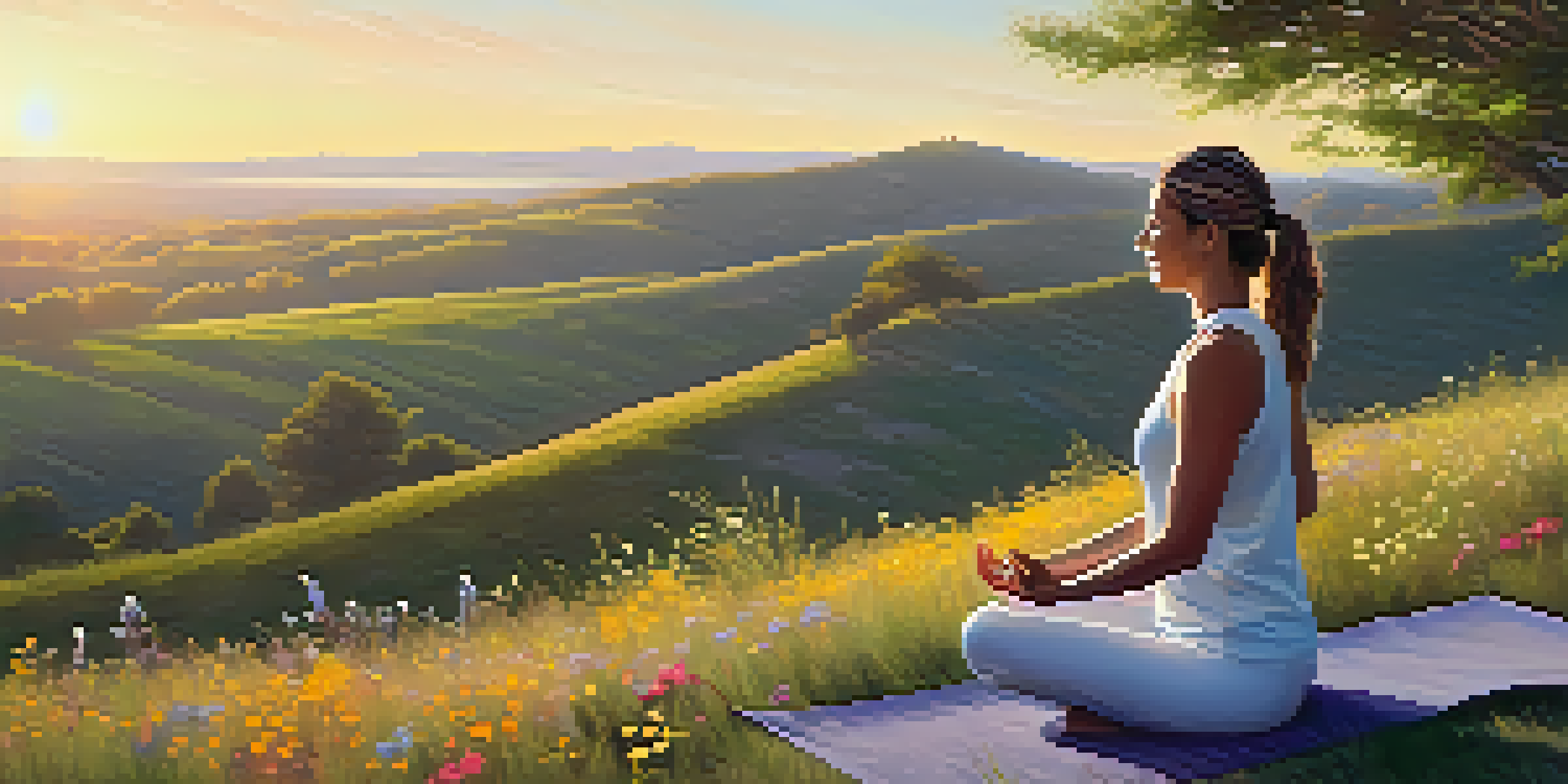 A person practicing yoga on a grassy hill during sunrise, surrounded by wildflowers and a clear blue sky.