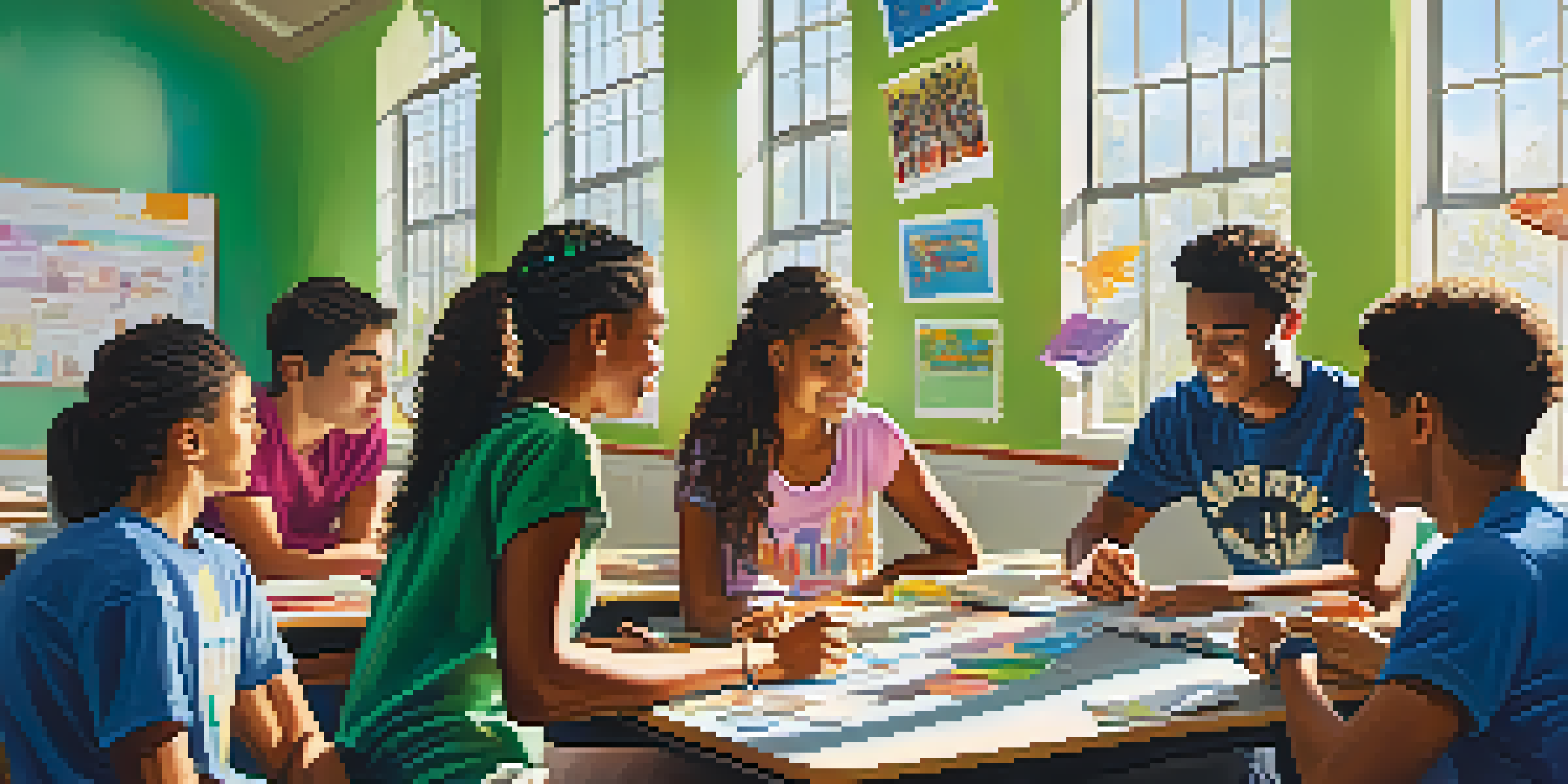 A group of diverse high school students participating in a drug education workshop in a well-lit classroom filled with educational posters.