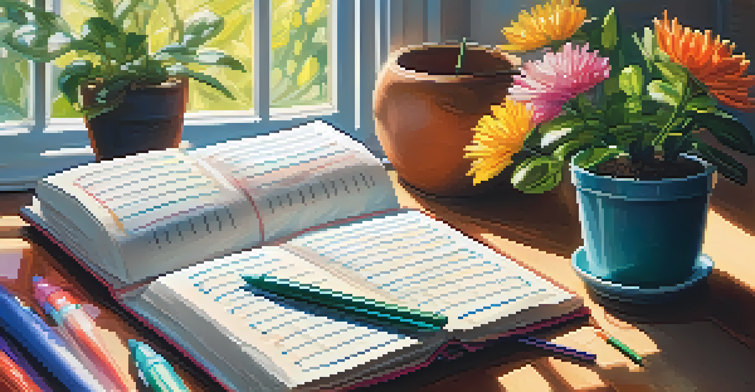 A hand writing in a journal with pens and a plant nearby, emphasizing creativity and self-expression.