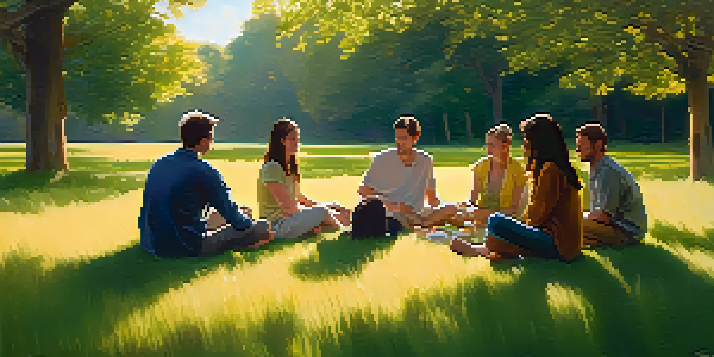 A diverse group of individuals sitting in a circle on a grassy field, sharing stories in a warm, sunlit environment.