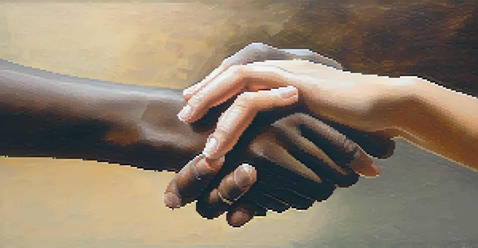 A close-up of two hands clasped together, symbolizing support and connection in recovery.