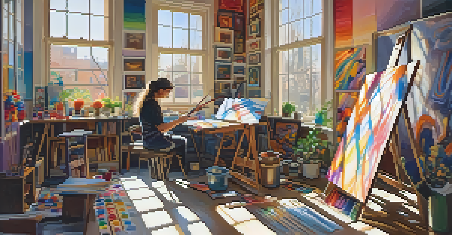 An artist painting in a bright studio filled with colorful artwork and natural light.