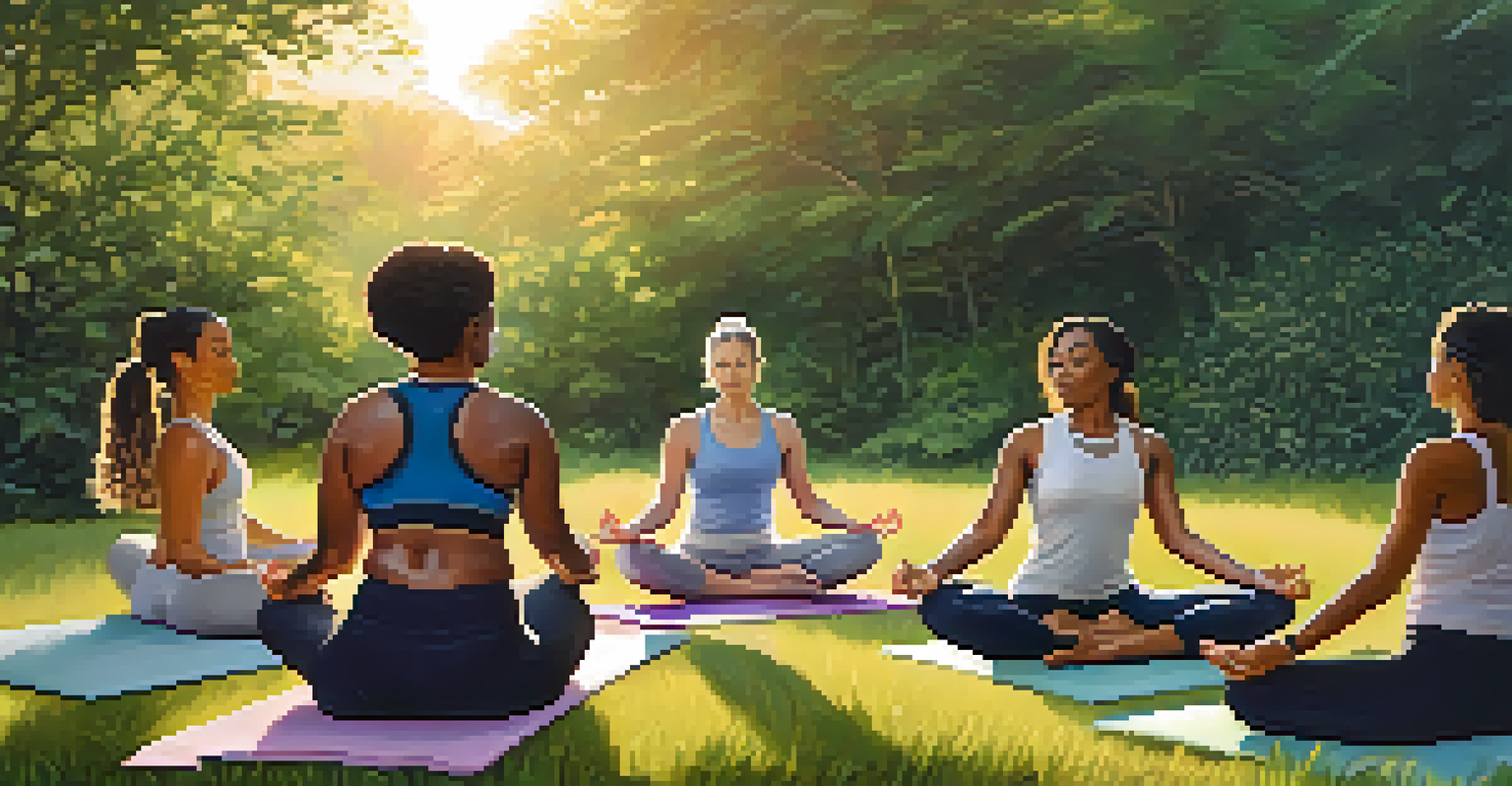 A diverse group of people participating in an outdoor yoga class in a serene green environment.