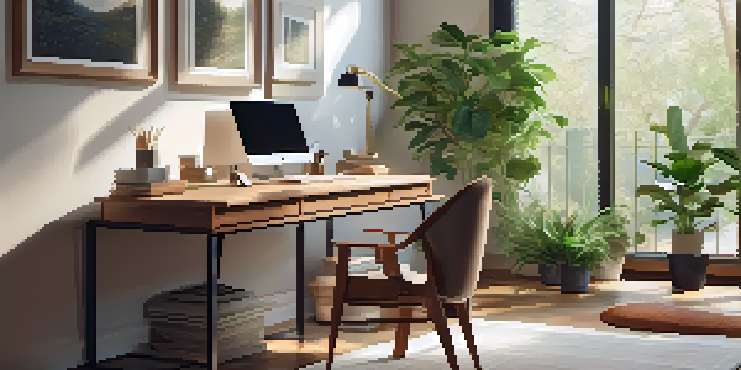 A cozy home office with a wooden desk, laptop, notepad, and coffee, illuminated by natural light.