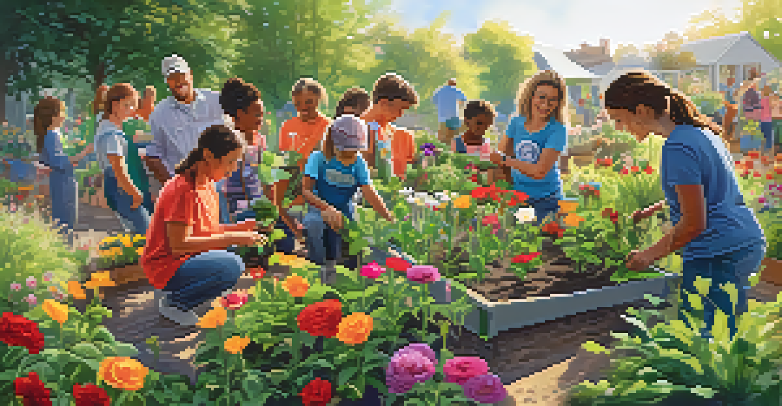 A diverse group of individuals volunteering in a community garden, planting flowers together under bright sunlight.