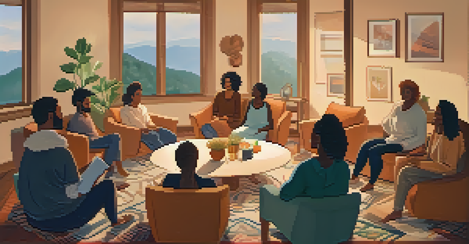 A diverse group of individuals engaged in a supportive therapy session in a cozy room.