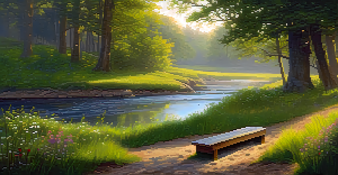 A peaceful forest landscape with golden sunlight, lush green grass, colorful wildflowers, and a gentle stream.