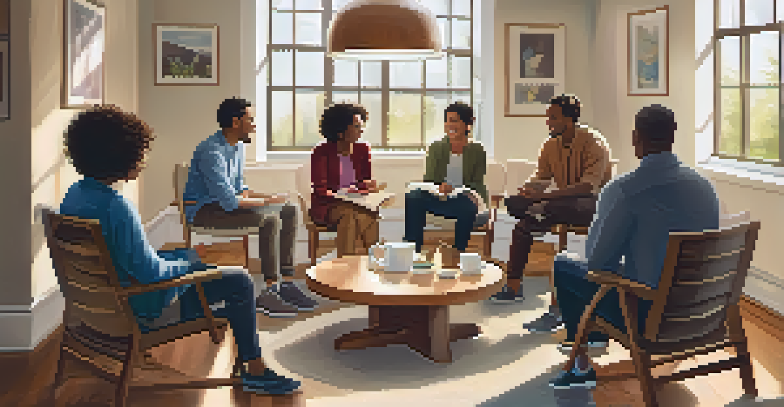 A diverse group of people sitting in a circle during a support group meeting in a cozy room.