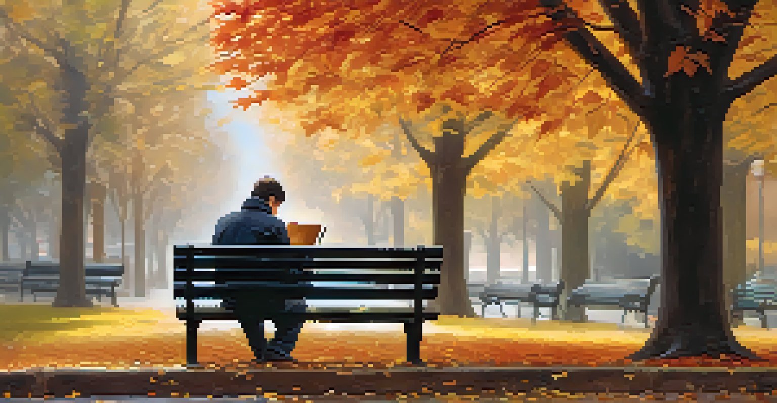A person writing in a notebook on a park bench surrounded by colorful autumn leaves, expressing focus and contemplation.