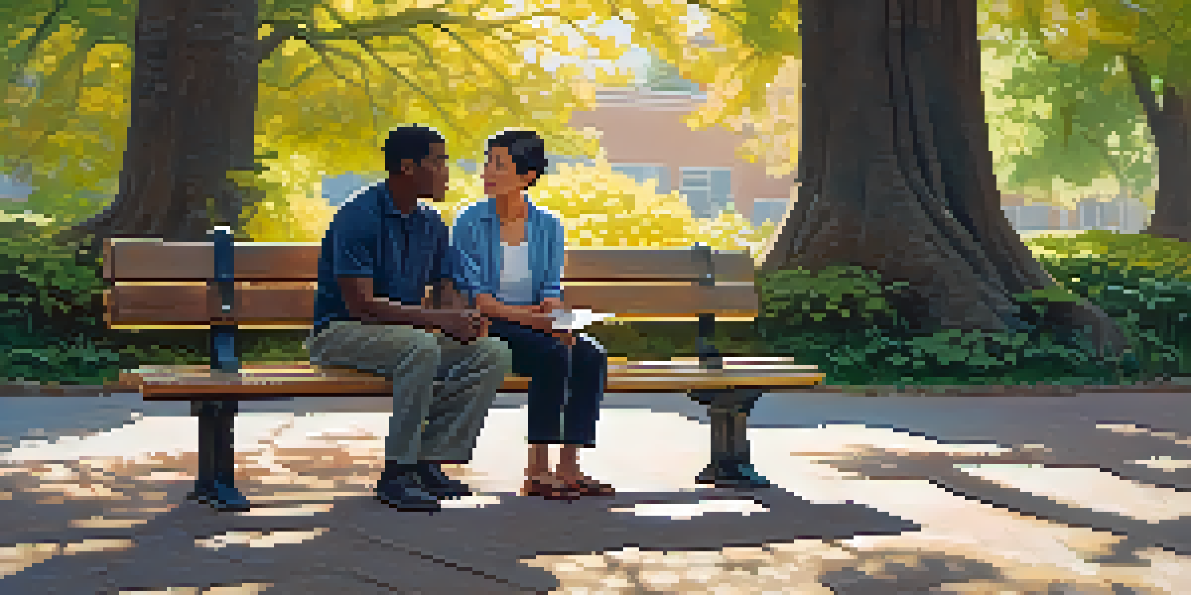 A mentor and mentee engaged in a supportive conversation on a park bench, surrounded by greenery and sunlight.