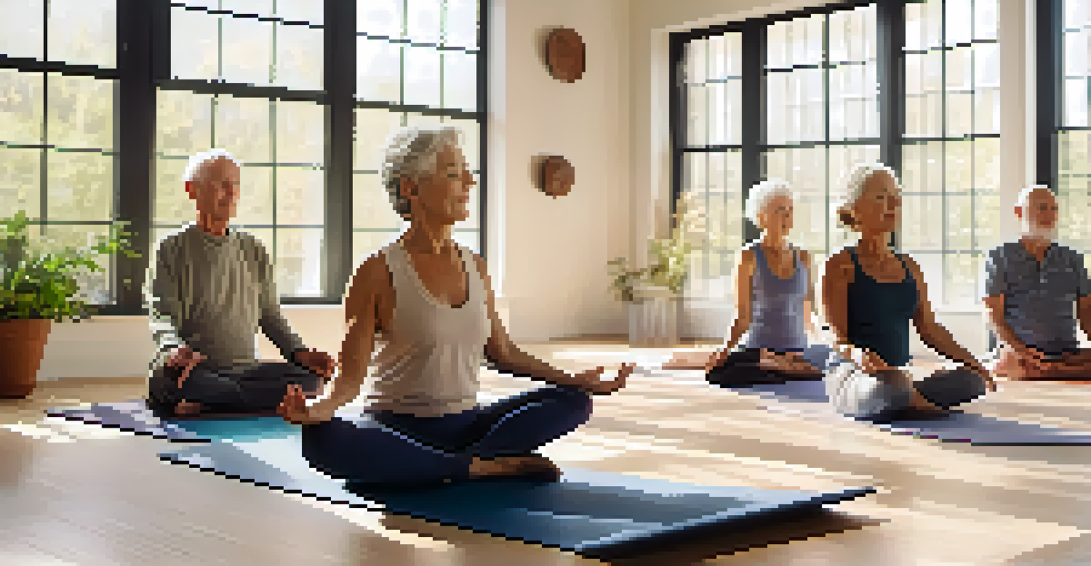 Seniors practicing yoga in a bright studio, showcasing a sense of community and wellness.