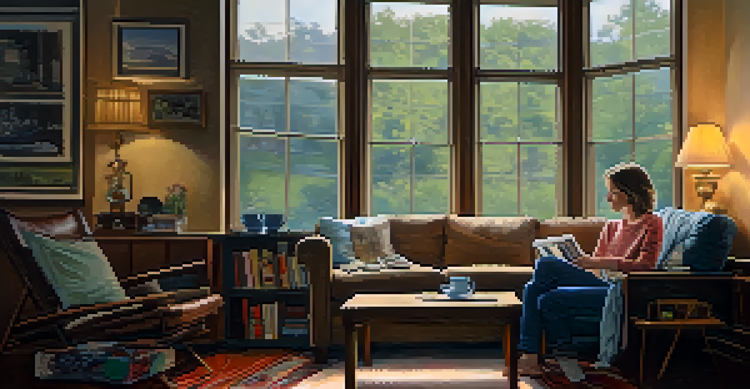 A woman sitting on a couch in a cozy living room, holding a cup of tea and gazing out the window, reflecting on her life.
