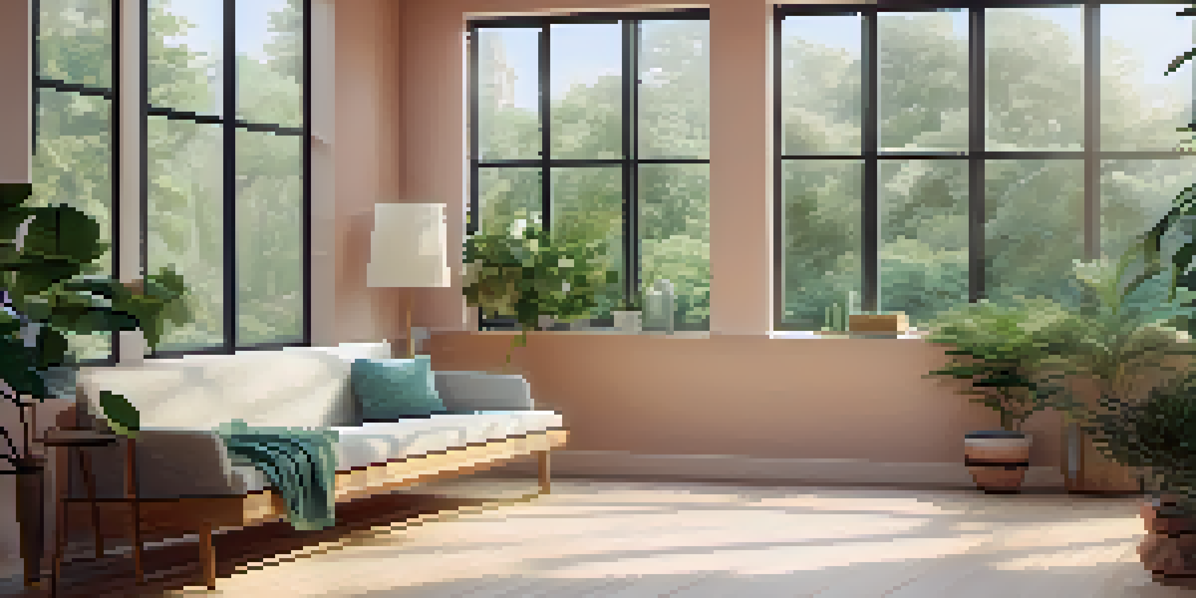 A bright and calming therapy room with a comfortable chair, soft cushions, and large windows showing greenery outside.