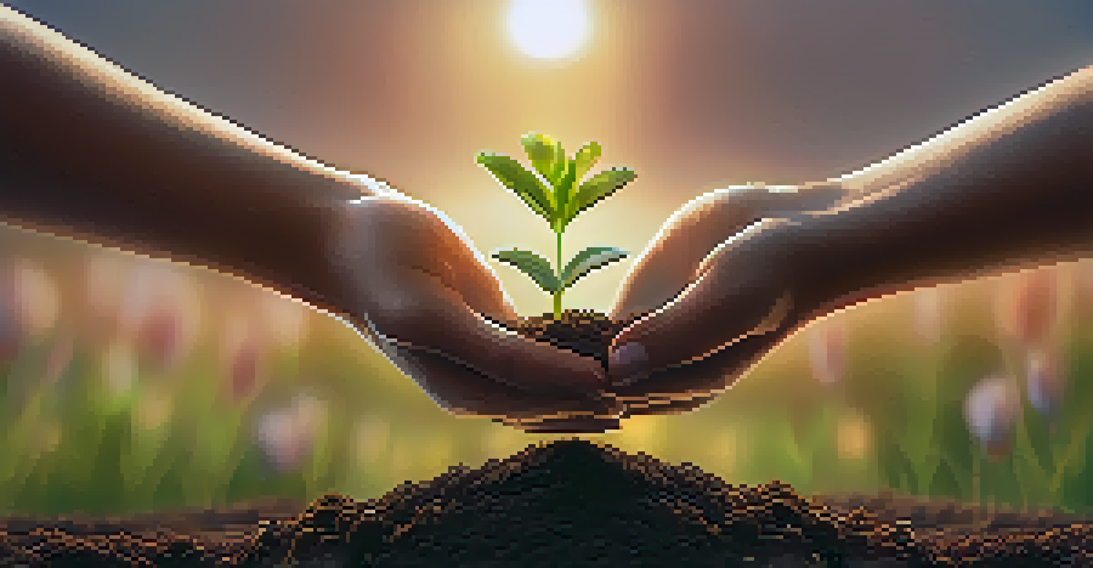 Close-up of hands holding a small plant, symbolizing growth and recovery, with a warm sunrise in the background.