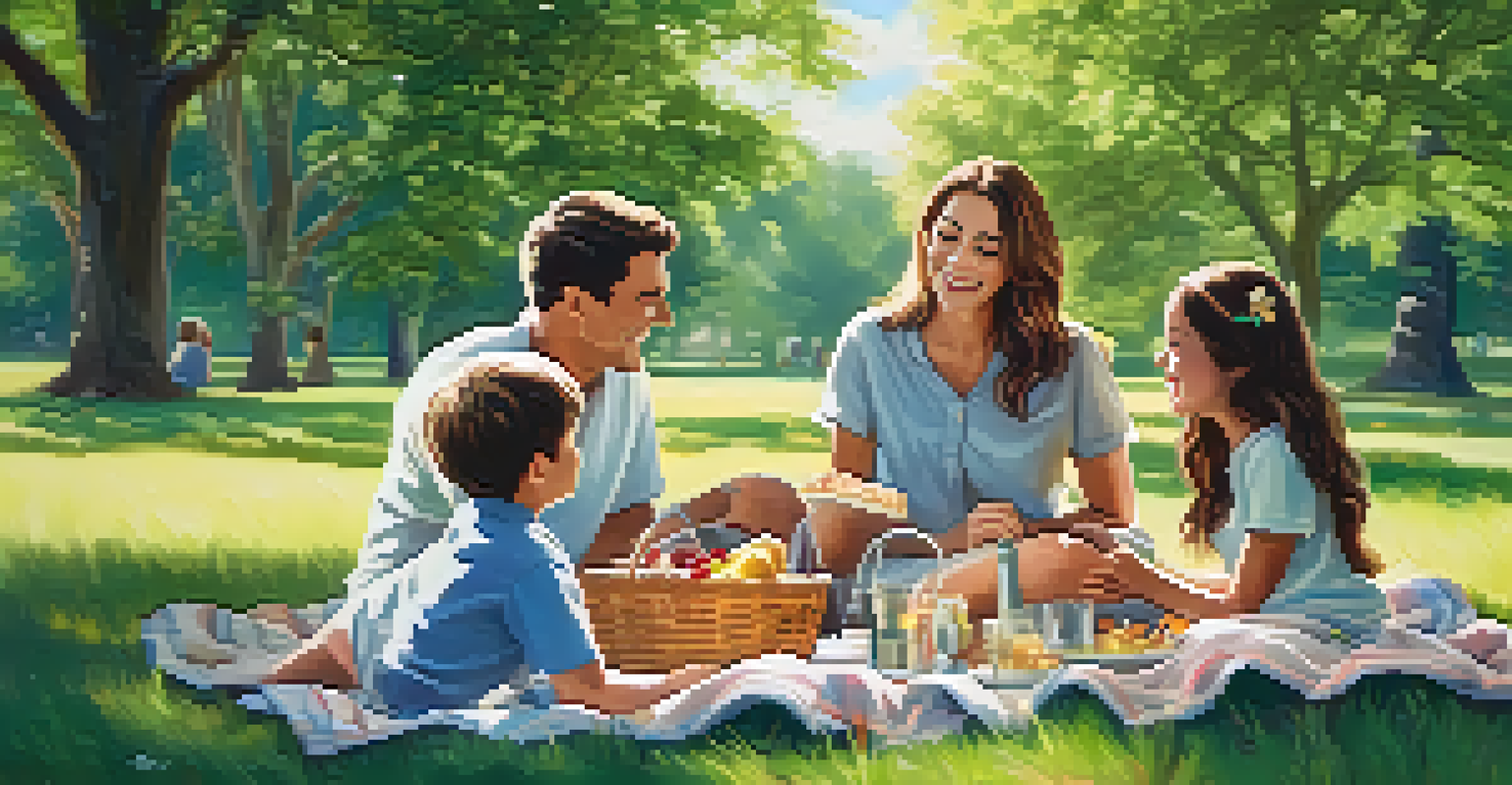 A family having a picnic in a park, laughing and sharing food in a beautiful outdoor setting.
