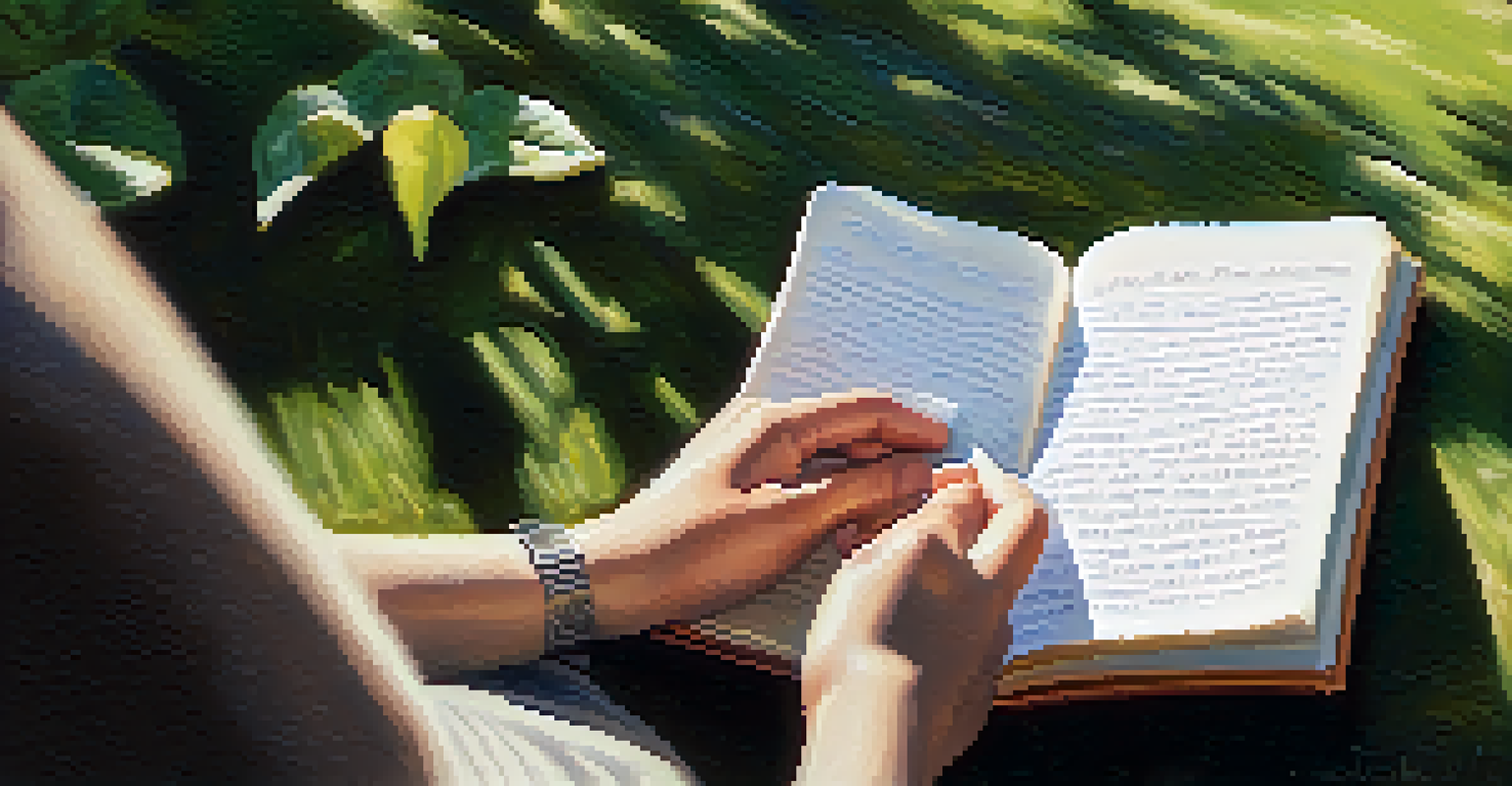 Close-up of hands holding a gratitude journal with handwritten entries, set against a peaceful outdoor background.
