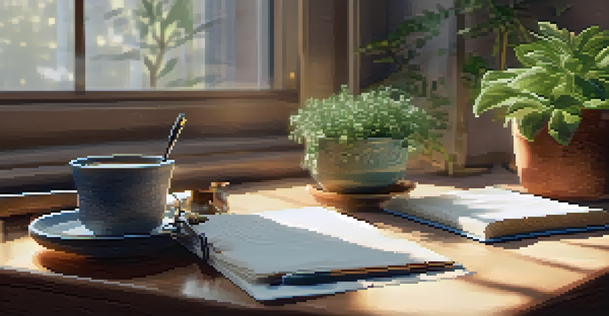 A peaceful workspace with a wooden desk, an open journal, a fountain pen, and a cup of tea, illuminated by soft morning light.