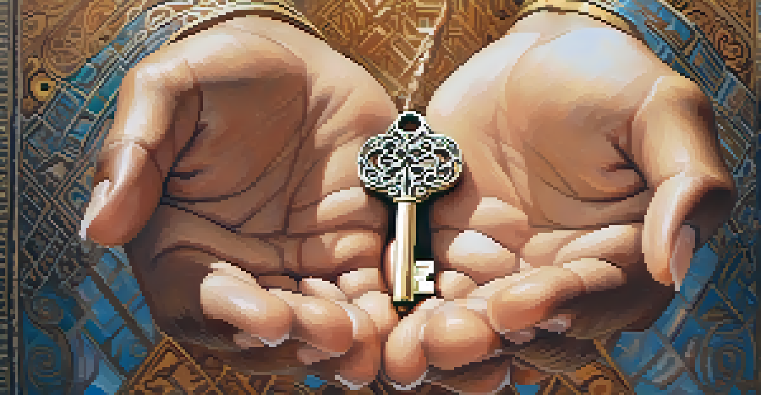A diverse group of hands holding a symbolic key, representing hope and new beginnings in recovery.