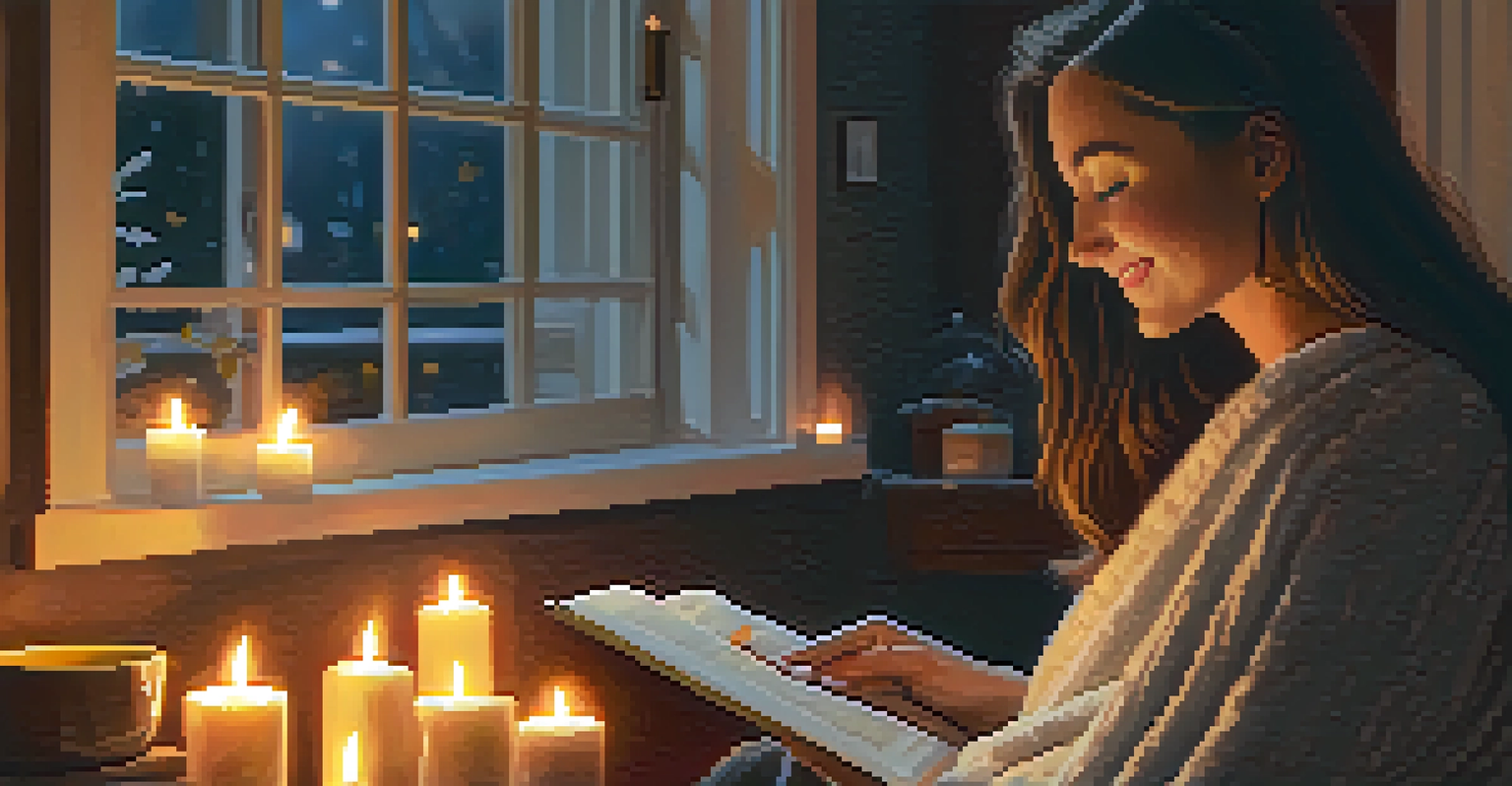 A person relaxing at home surrounded by candles, a book, and a blanket, enjoying a self-care day with a smile.