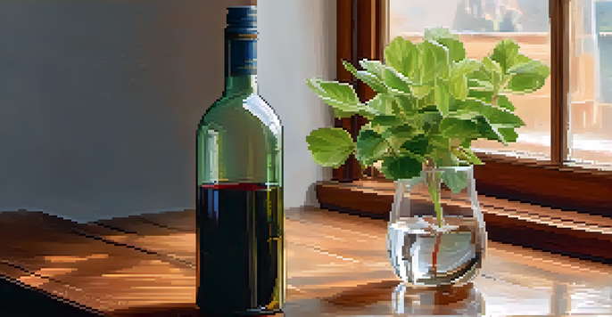 A weathered table featuring a glass of water and a wine bottle with soft sunlight casting shadows, alongside a small plant.
