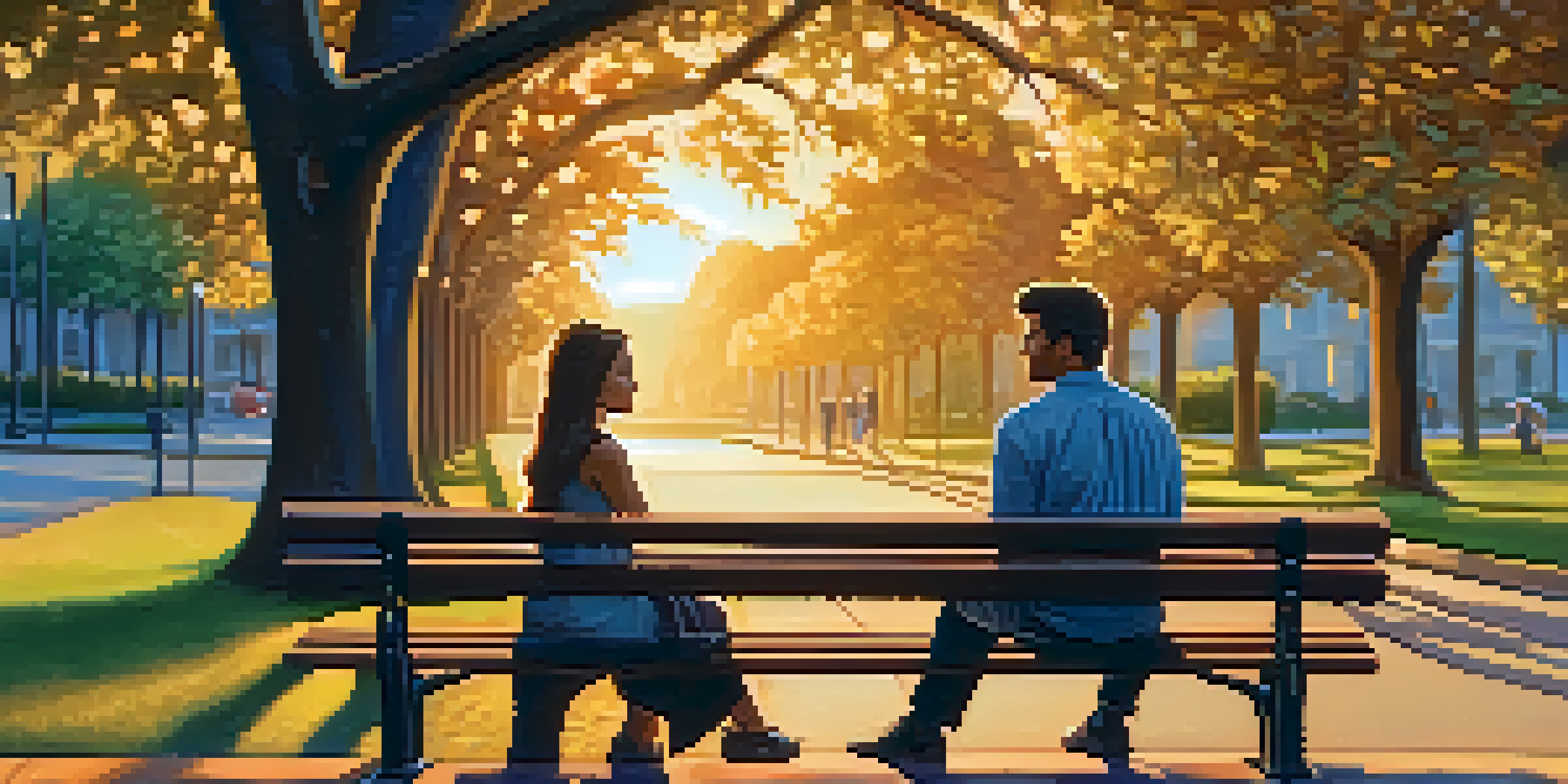 A couple sitting on a park bench at sunset, engaged in conversation, surrounded by trees.