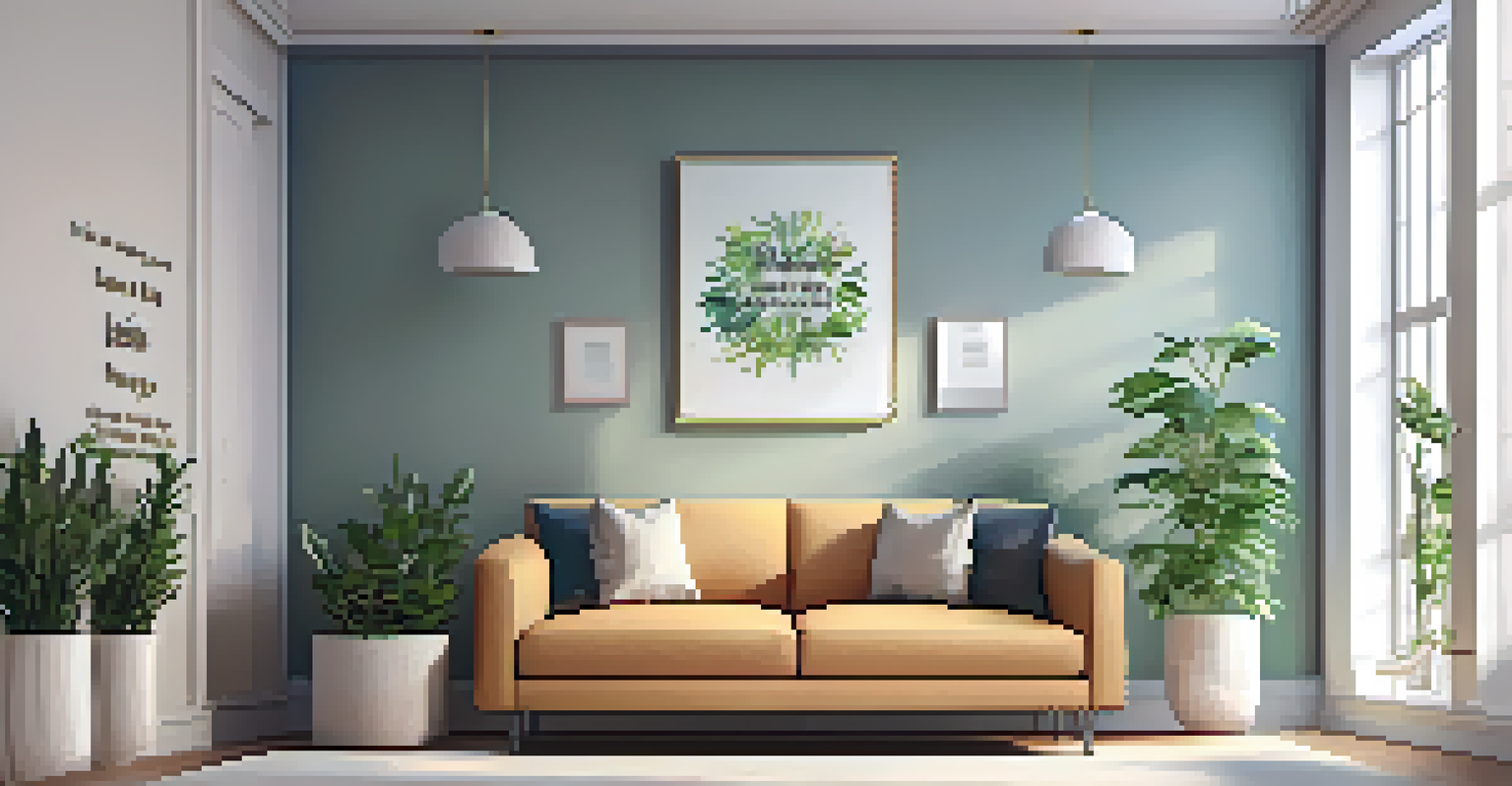 A therapeutic room with a comfortable couch, soft lighting, plants in the corners, and an inspirational quote framed on the wall, designed to create a nurturing atmosphere.