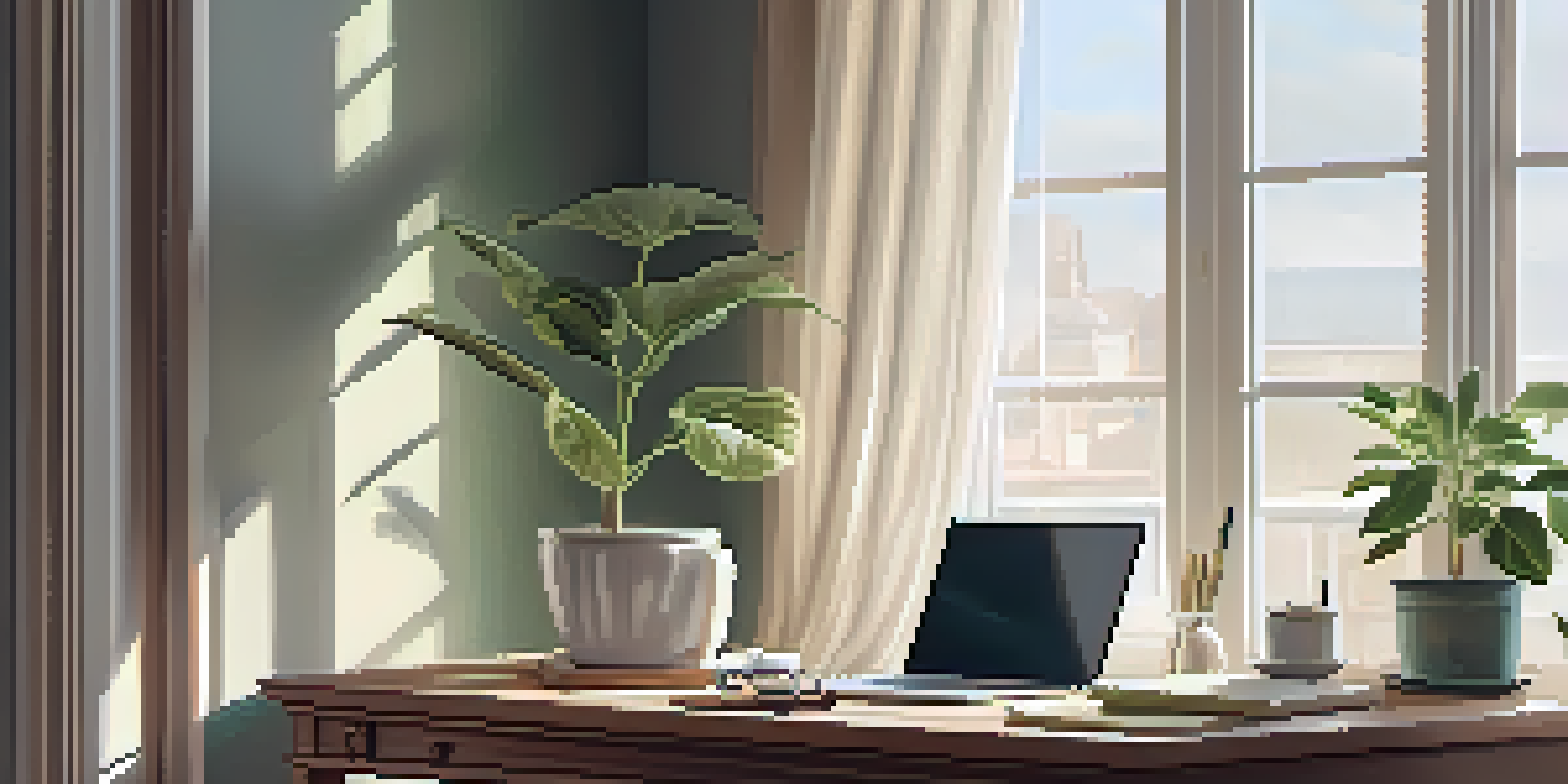 A cozy home office with a wooden desk, laptop, notebook, and a cup of coffee, illuminated by soft morning light.